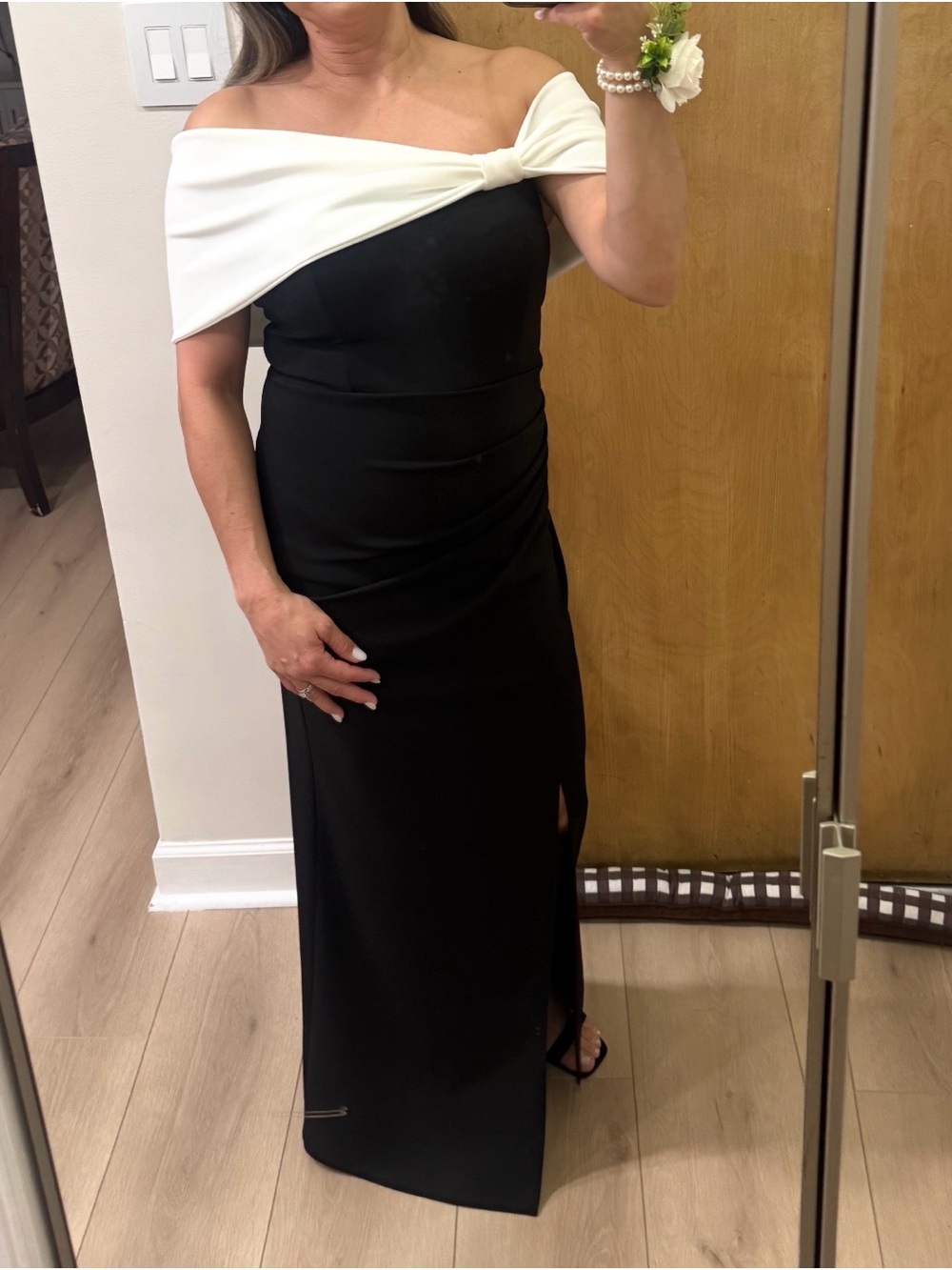 Club L London Black Maxi Dress with White Off-Shoulder Detail